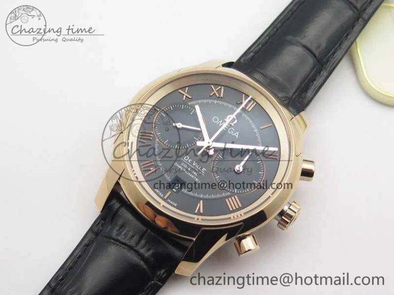 BestValue De Ville Chronograph RG OMF 1:1 Best Edition Black Dial On Black Leather Strap A 8106