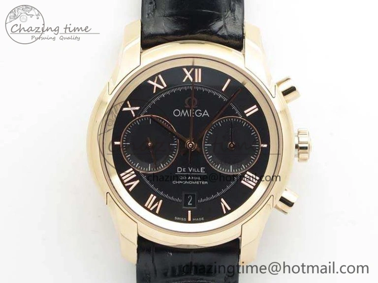 BestValue De Ville Chronograph RG OMF 1:1 Best Edition Black Dial On Black Leather Strap A 8106