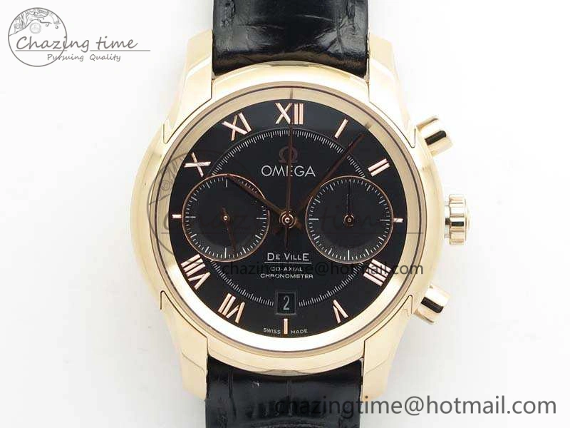 BestValue De Ville Chronograph RG OMF 1:1 Best Edition Black Dial On Black Leather Strap A 8106