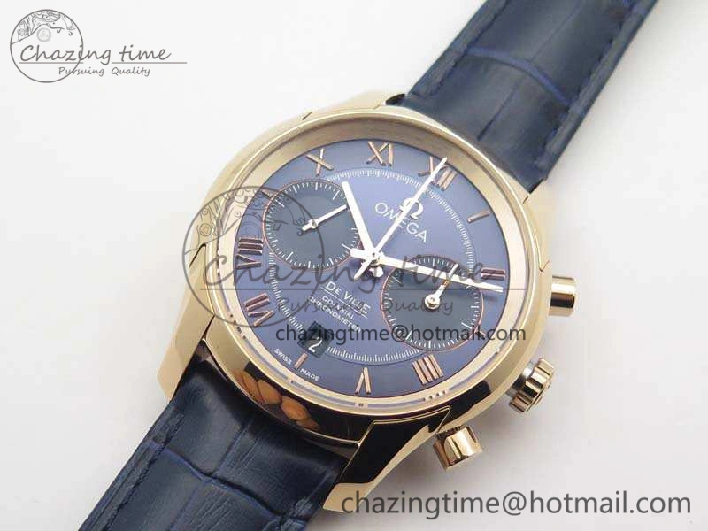 UrbanStyle De Ville Chronograph RG OMF 1:1 Best Edition Blue Dial On Blue Leather Strap A 8107