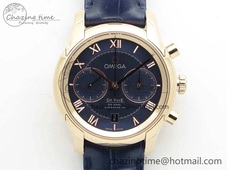 UrbanStyle De Ville Chronograph RG OMF 1:1 Best Edition Blue Dial On Blue Leather Strap A 8107
