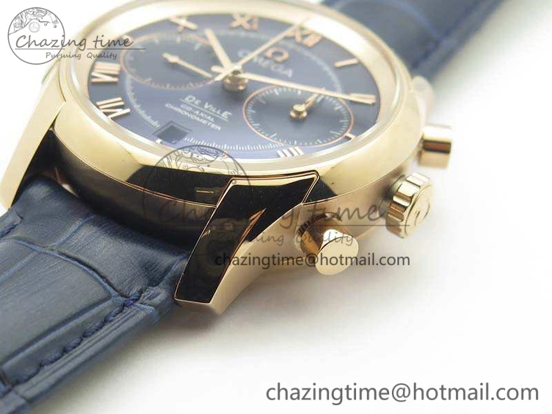 UrbanStyle De Ville Chronograph RG OMF 1:1 Best Edition Blue Dial On Blue Leather Strap A 8107