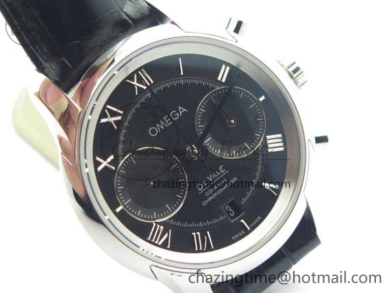 De Ville Chronograph SS OMF 1:1 Best Edition Black Dial On Black Leather Strap A Fashionable 8109