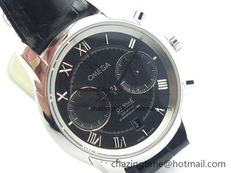 De Ville Chronograph SS OMF 1:1 Best Edition Black Dial On Black Leather Strap A Fashionable 8109