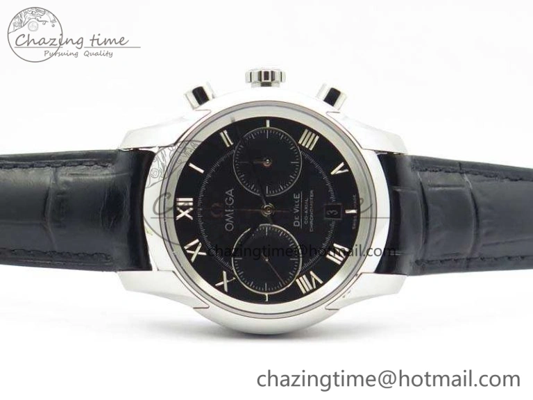 De Ville Chronograph SS OMF 1:1 Best Edition Black Dial On Black Leather Strap A Fashionable 8109