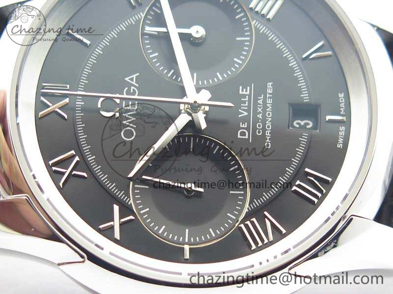 De Ville Chronograph SS OMF 1:1 Best Edition Black Dial On Black Leather Strap A Fashionable 8109