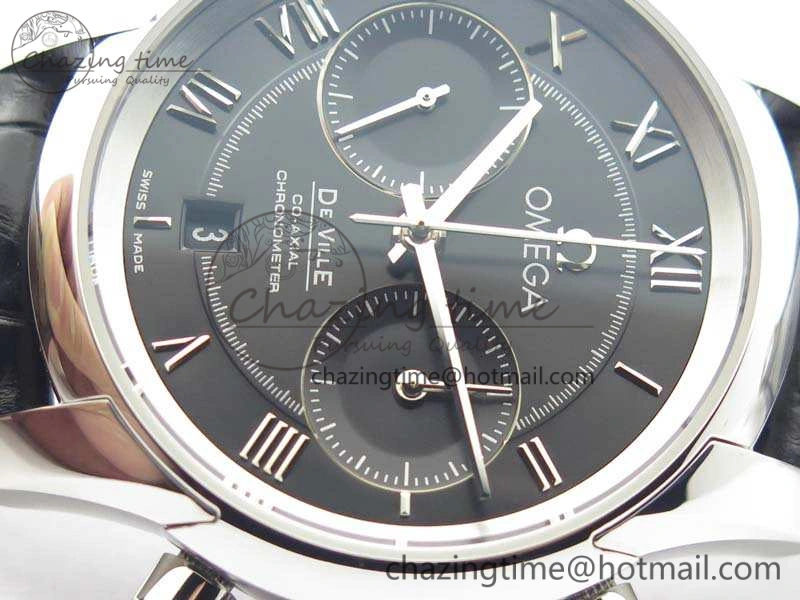 De Ville Chronograph SS OMF 1:1 Best Edition Black Dial On Black Leather Strap A Fashionable 8109