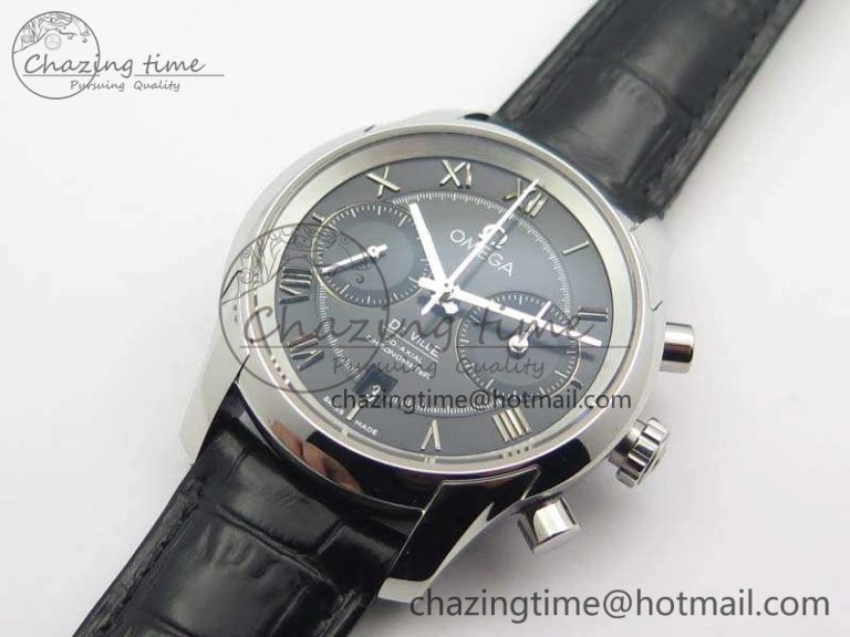 De Ville Chronograph SS OMF 1:1 Best Edition Black Dial On Black Leather Strap A Fashionable 8109