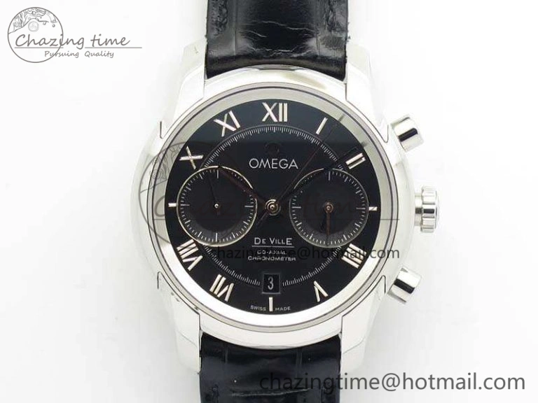 De Ville Chronograph SS OMF 1:1 Best Edition Black Dial On Black Leather Strap A Fashionable 8109