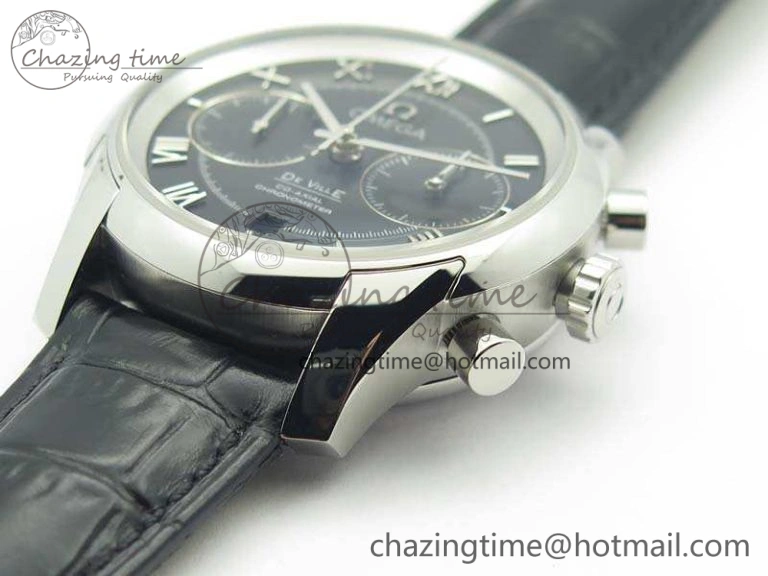 De Ville Chronograph SS OMF 1:1 Best Edition Black Dial On Black Leather Strap A Fashionable 8109