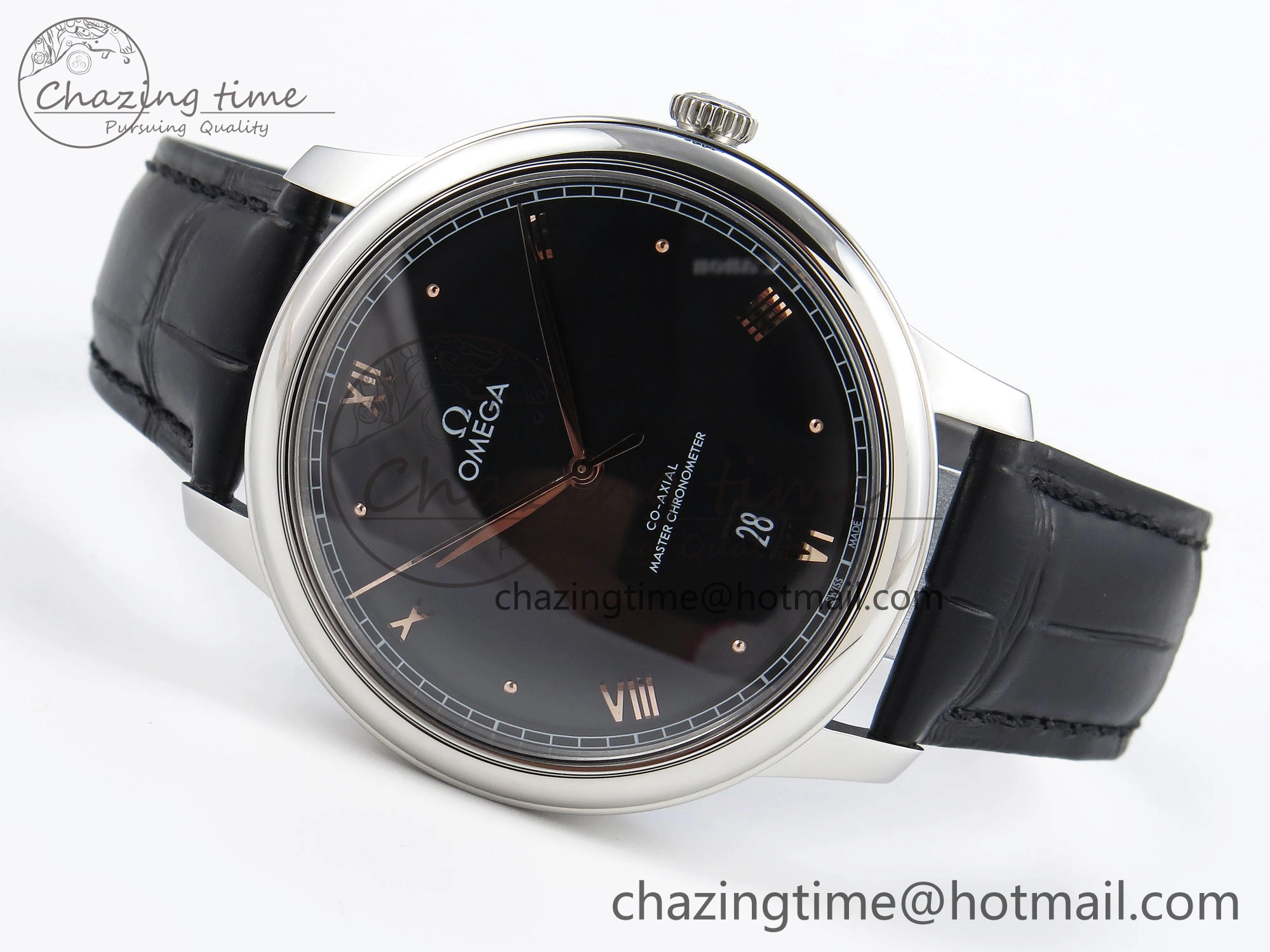 De Ville Date SS MKF 1:1 Best Edition Black Dial Roman Marker on Black Leather Strap A Original 7743