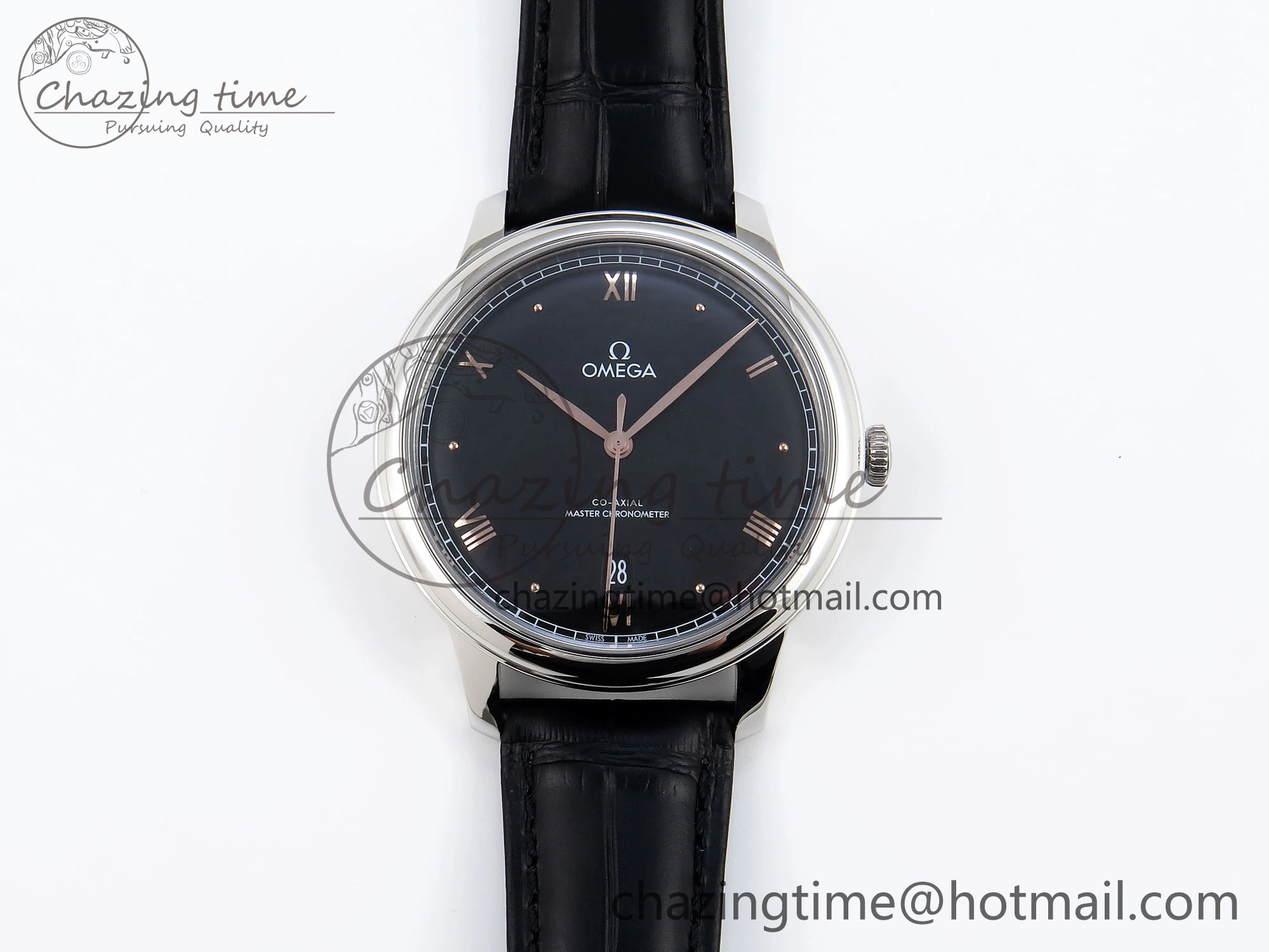 De Ville Date SS MKF 1:1 Best Edition Black Dial Roman Marker on Black Leather Strap A Original 7743