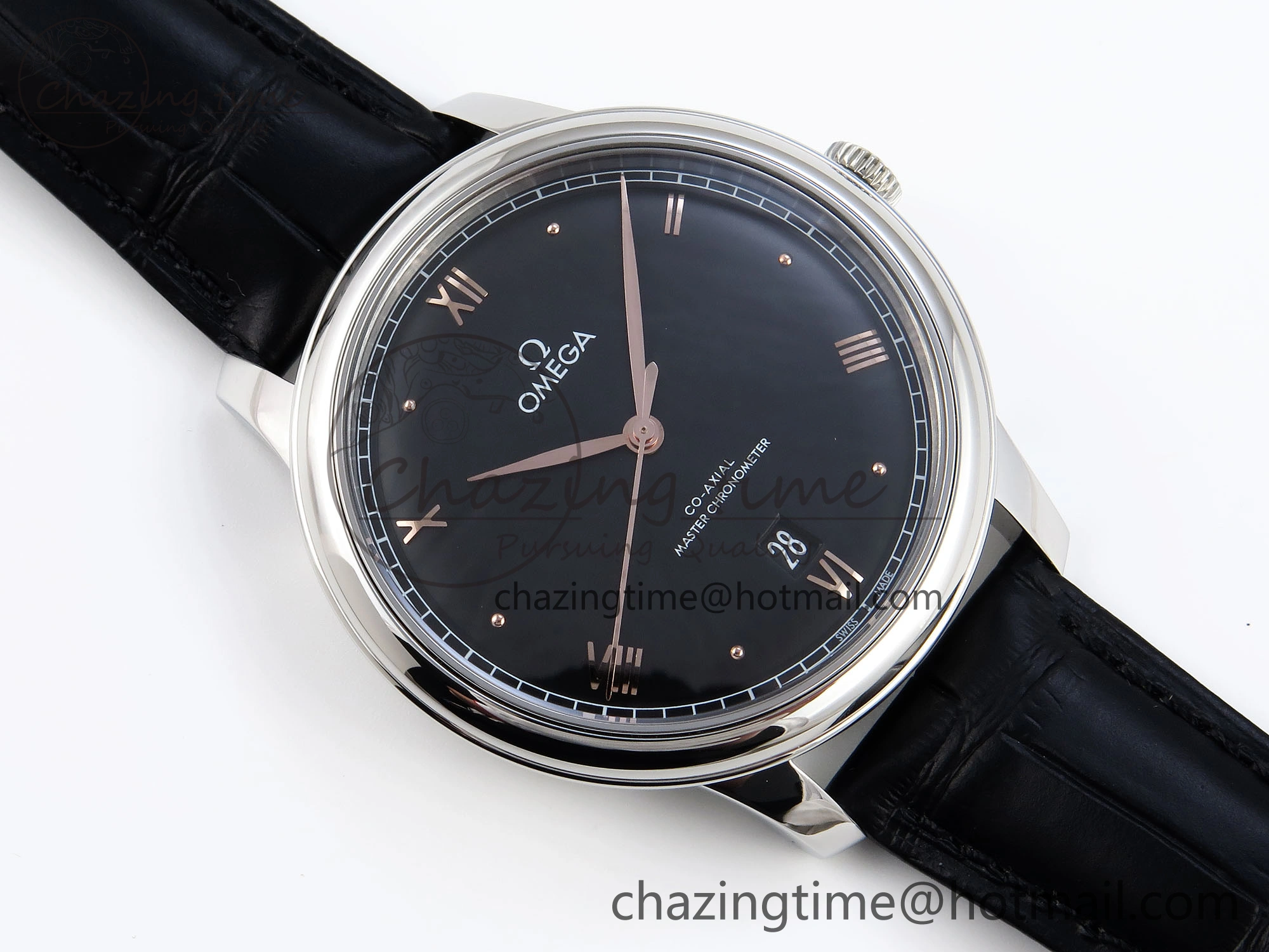 De Ville Date SS MKF 1:1 Best Edition Black Dial Roman Marker on Black Leather Strap A Original 7743