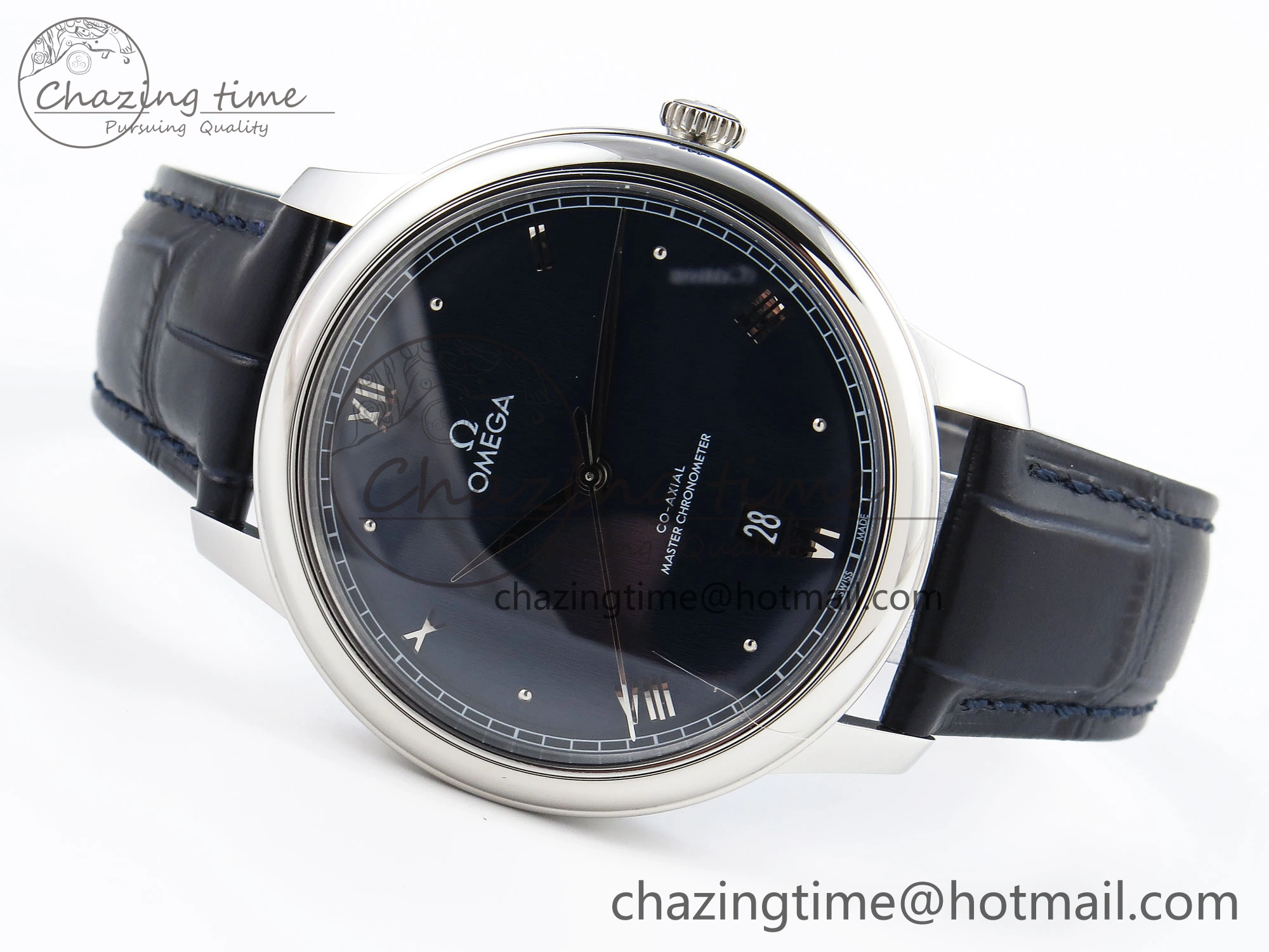 De Ville Date SS MKF 1:1 Best Edition Blue Dial Roman Marker on Black Leather Strap A Breathable 7745