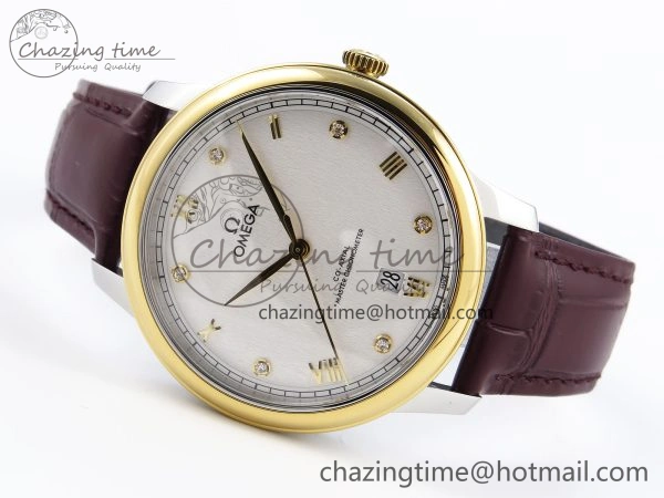 De Ville Date YG MKF 1:1 Best Edition White Textured Dial Diamonds Marker on Brown Leather Strap A Upgraded 7754