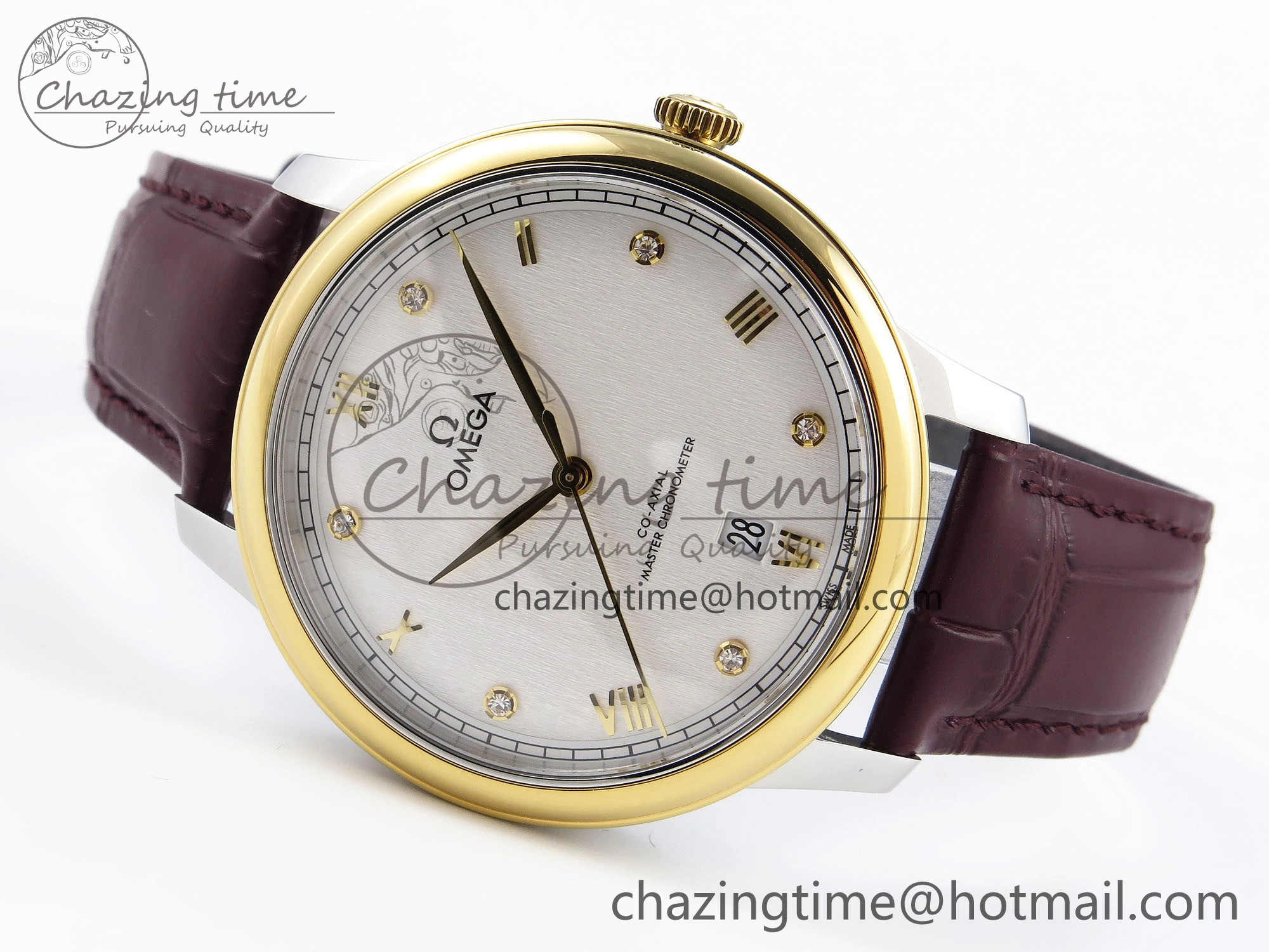 De Ville Date YG MKF 1:1 Best Edition White Textured Dial Diamonds Marker on Brown Leather Strap A Upgraded 7754