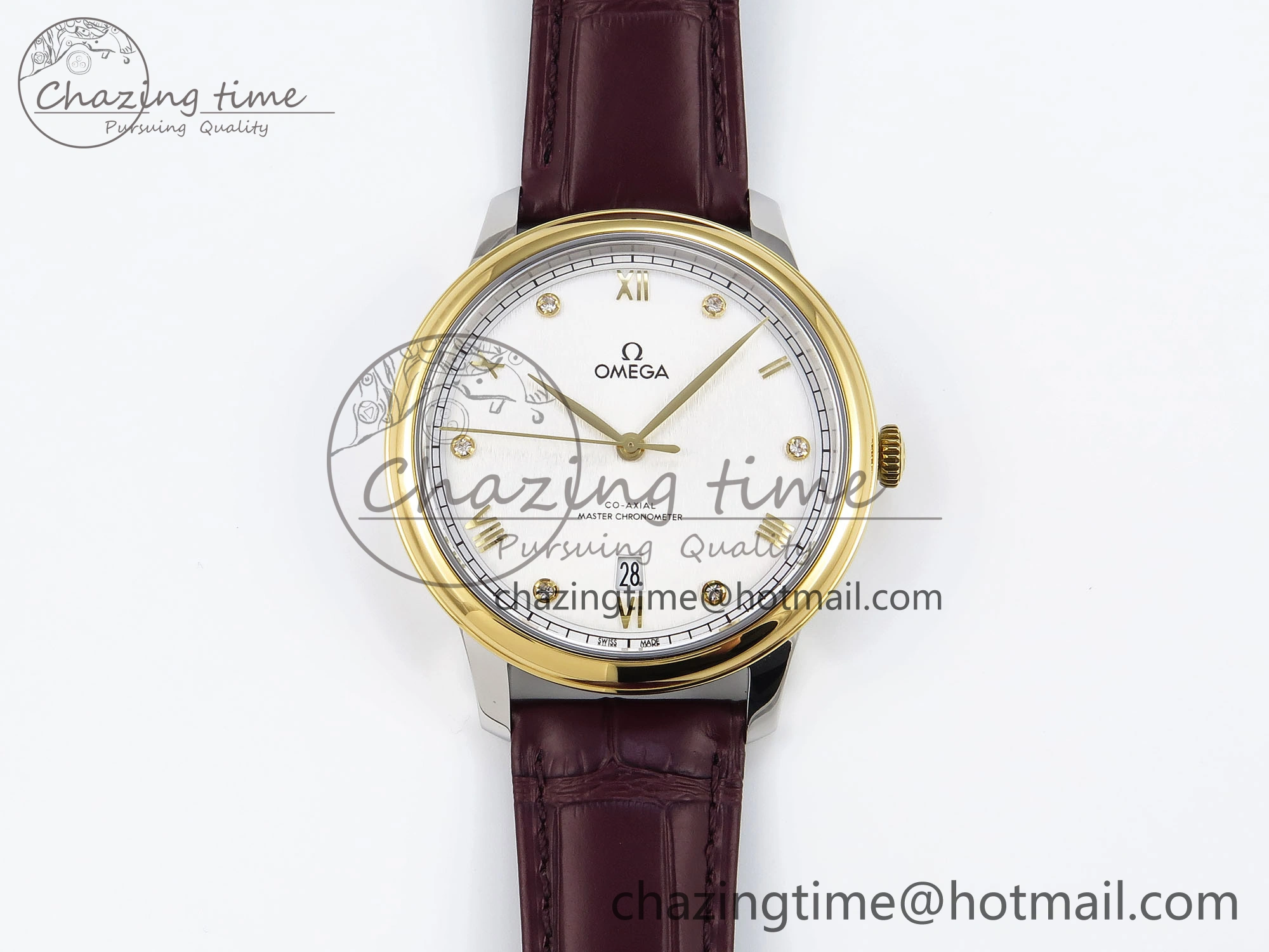 De Ville Date YG MKF 1:1 Best Edition White Textured Dial Diamonds Marker on Brown Leather Strap A Upgraded 7754