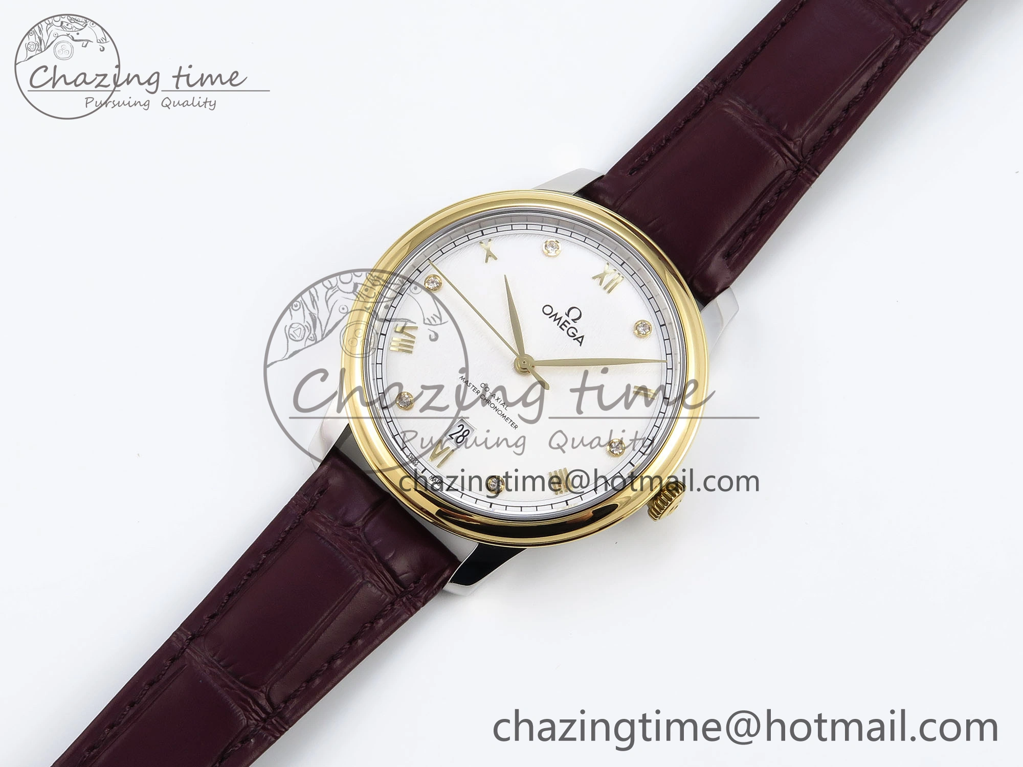 De Ville Date YG MKF 1:1 Best Edition White Textured Dial Diamonds Marker on Brown Leather Strap A Upgraded 7754