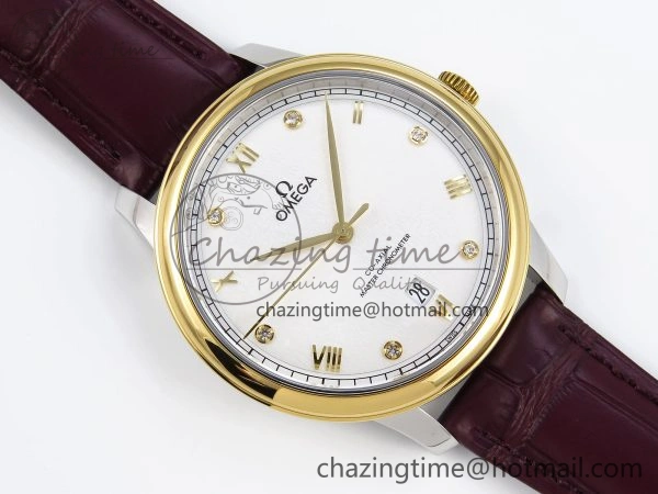 De Ville Date YG MKF 1:1 Best Edition White Textured Dial Diamonds Marker on Brown Leather Strap A Upgraded 7754