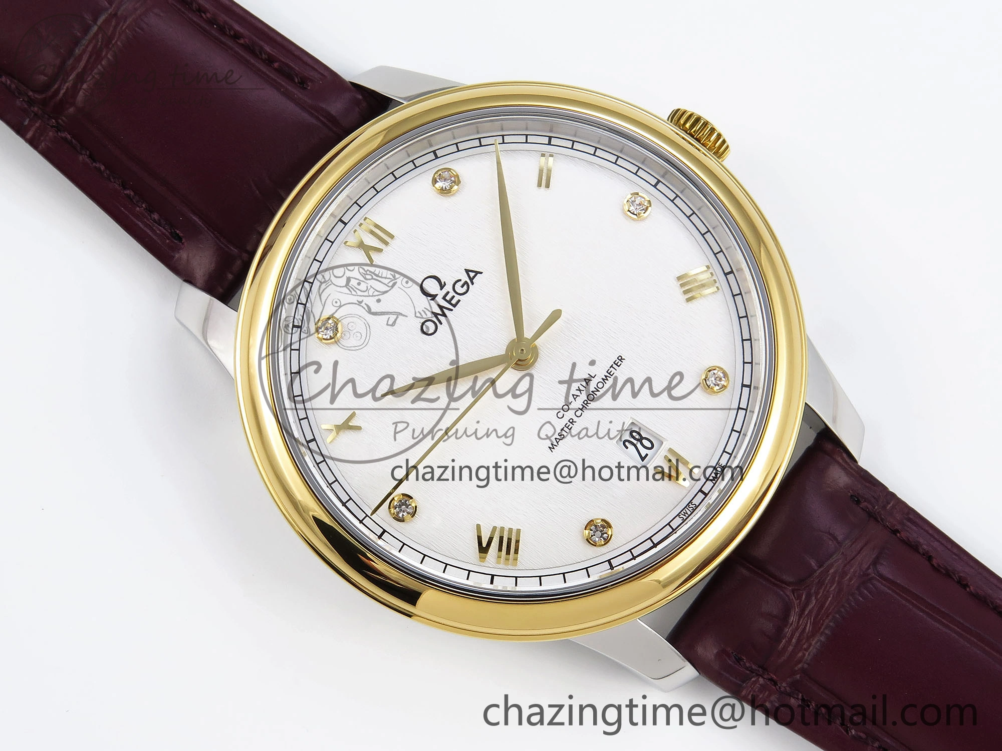 De Ville Date YG MKF 1:1 Best Edition White Textured Dial Diamonds Marker on Brown Leather Strap A Upgraded 7754