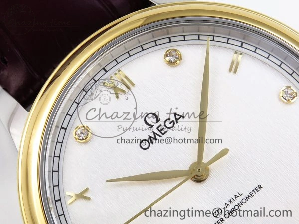 De Ville Date YG MKF 1:1 Best Edition White Textured Dial Diamonds Marker on Brown Leather Strap A Upgraded 7754
