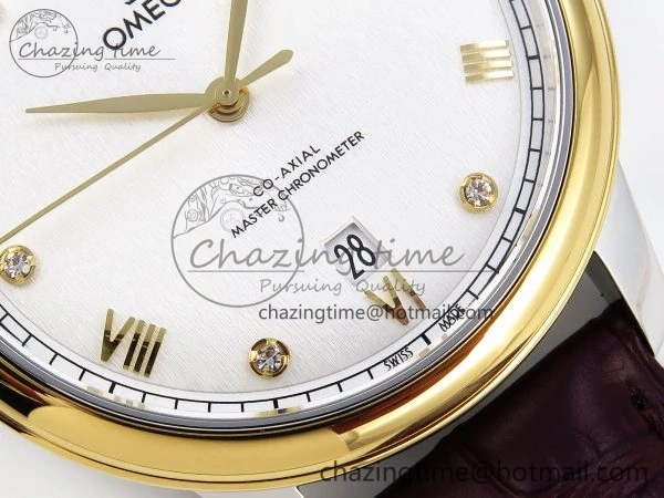 De Ville Date YG MKF 1:1 Best Edition White Textured Dial Diamonds Marker on Brown Leather Strap A Upgraded 7754