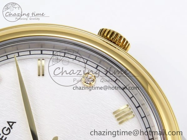 De Ville Date YG MKF 1:1 Best Edition White Textured Dial Diamonds Marker on Brown Leather Strap A Upgraded 7754