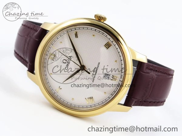 De Ville Date YG MKF 1:1 Best Edition White Textured Dial Roman Marker on Brown Leather Strap A Supportive 7756
