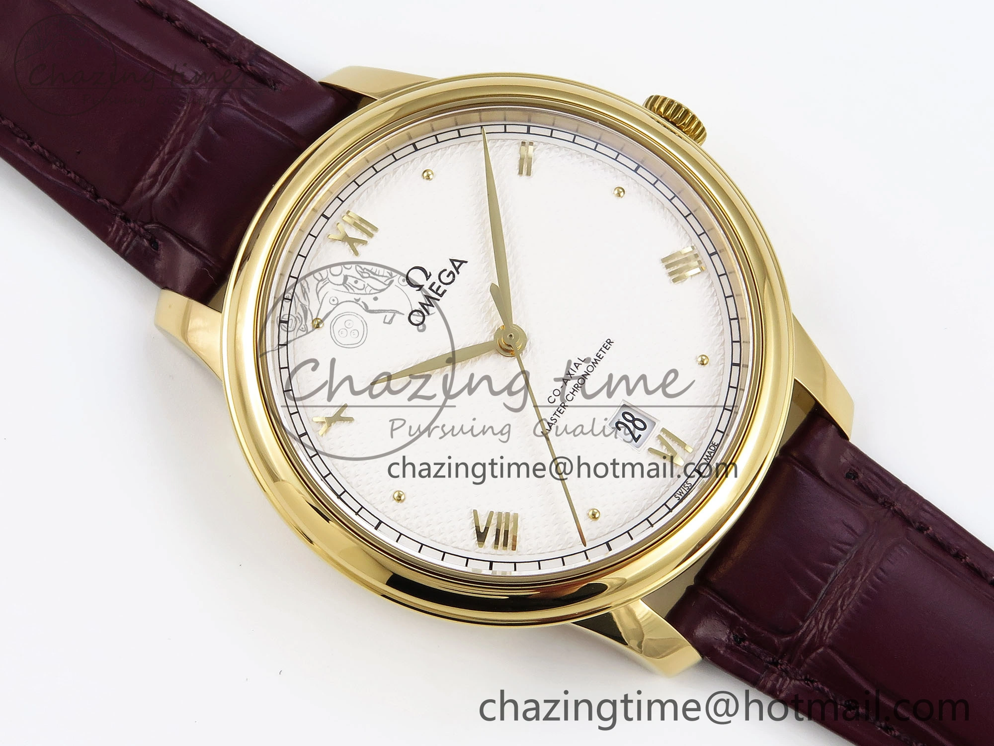 De Ville Date YG MKF 1:1 Best Edition White Textured Dial Roman Marker on Brown Leather Strap A Supportive 7756