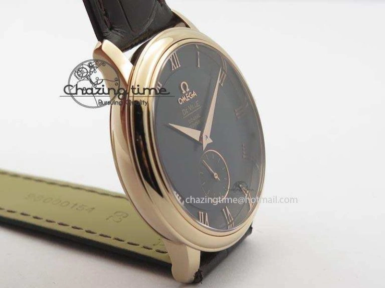 De Ville MK 1:1 Best Edition RG Black Dial On Black Leather Asian Seagull T1701 (Sec@6) TopPick 8236