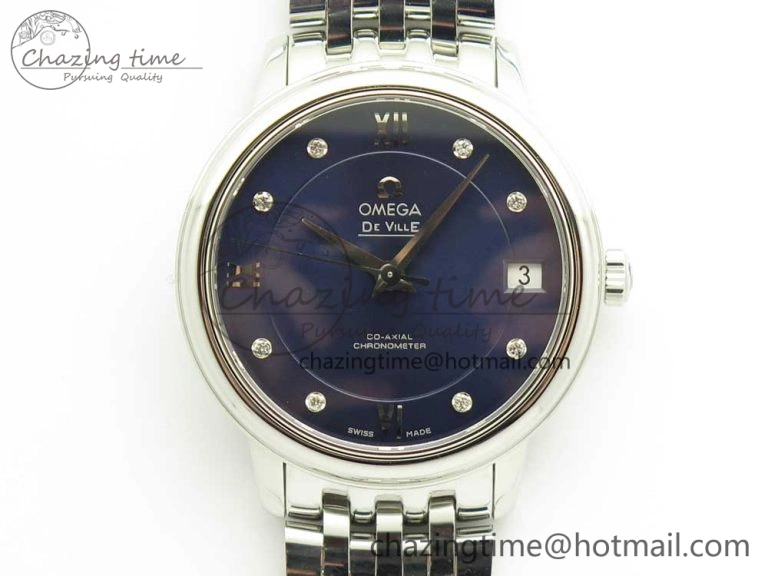 Affordable De Ville Prestige Ladies 32.7mm SS MKF 1:1 Best Edition Blue Dial Diamonds Markers on SS Bracelet MIYOTA 7972