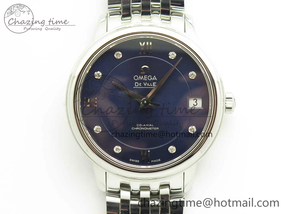 Affordable De Ville Prestige Ladies 32.7mm SS MKF 1:1 Best Edition Blue Dial Diamonds Markers on SS Bracelet MIYOTA 7972