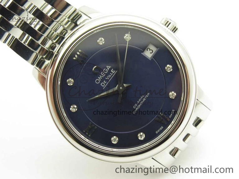 Affordable De Ville Prestige Ladies 32.7mm SS MKF 1:1 Best Edition Blue Dial Diamonds Markers on SS Bracelet MIYOTA 7972