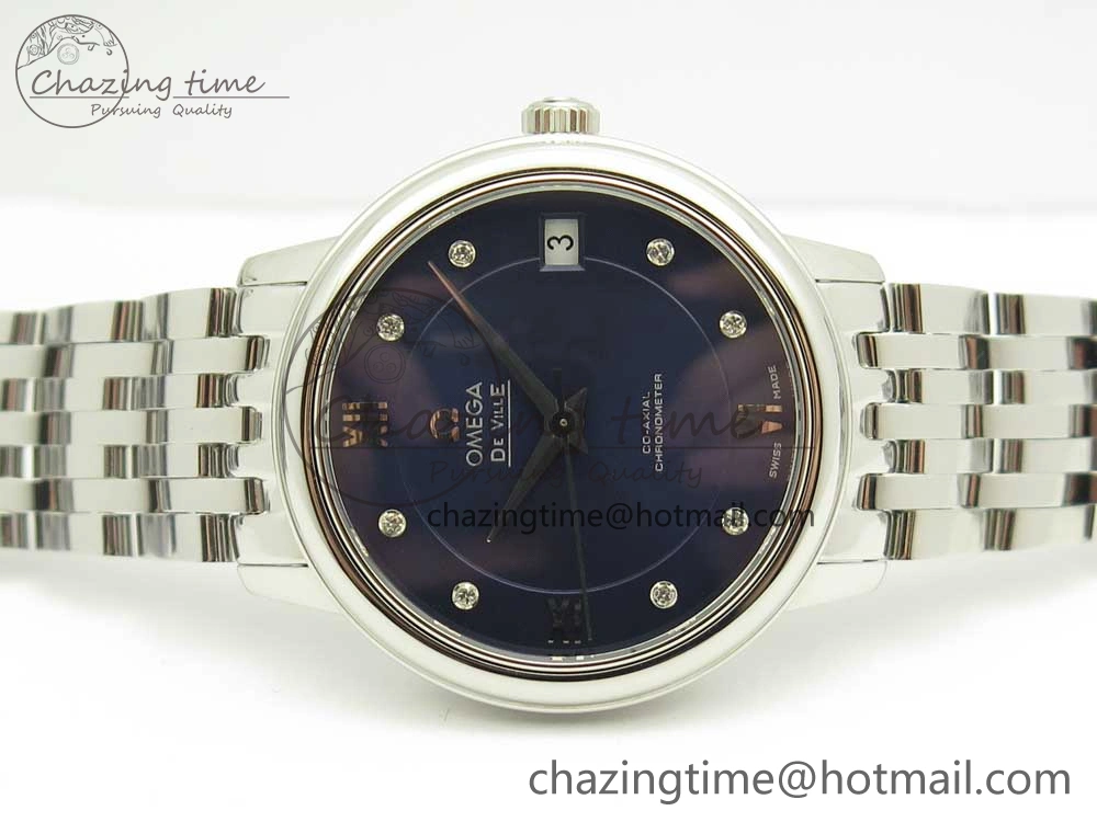 Affordable De Ville Prestige Ladies 32.7mm SS MKF 1:1 Best Edition Blue Dial Diamonds Markers on SS Bracelet MIYOTA 7972