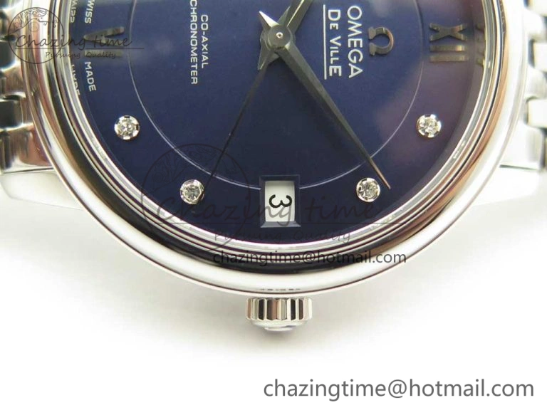 Affordable De Ville Prestige Ladies 32.7mm SS MKF 1:1 Best Edition Blue Dial Diamonds Markers on SS Bracelet MIYOTA 7972