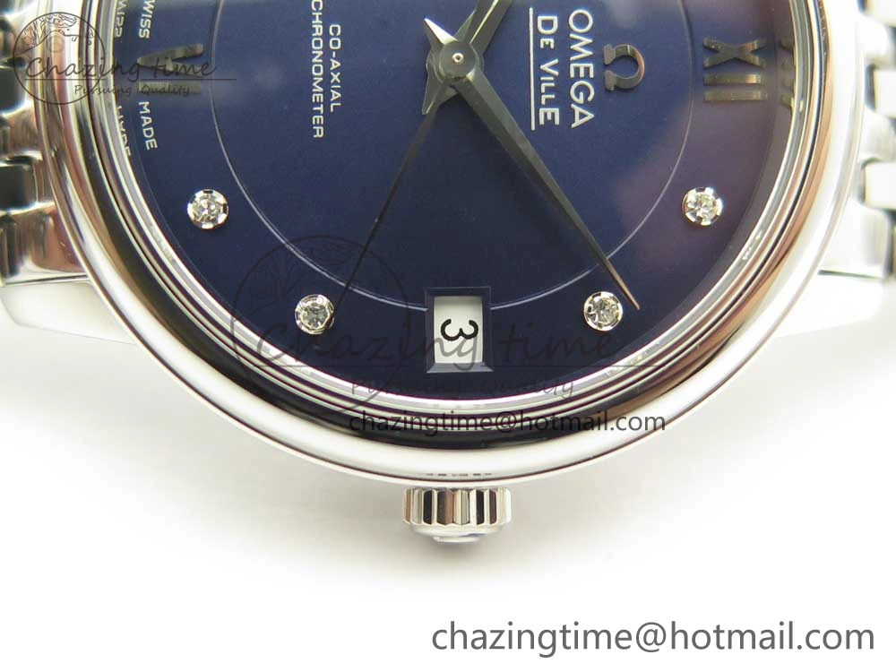 Affordable De Ville Prestige Ladies 32.7mm SS MKF 1:1 Best Edition Blue Dial Diamonds Markers on SS Bracelet MIYOTA 7972