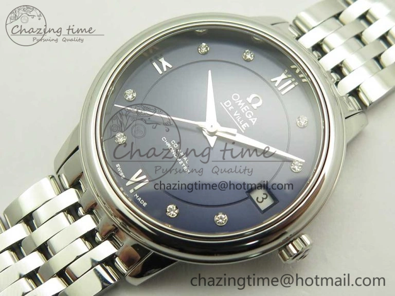 Affordable De Ville Prestige Ladies 32.7mm SS MKF 1:1 Best Edition Blue Dial Diamonds Markers on SS Bracelet MIYOTA 7972