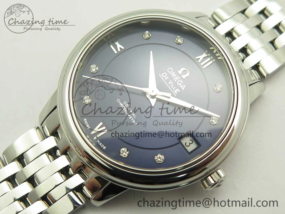 Affordable De Ville Prestige Ladies 32.7mm SS MKF 1:1 Best Edition Blue Dial Diamonds Markers on SS Bracelet MIYOTA 7972