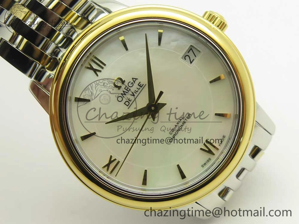 De Ville Prestige Ladies 32.7mm SS MKF 1:1 Best Edition White MOP Dial Diamonds Markers on SS YG Bracelet MIYOTA UrbanStyle 7968