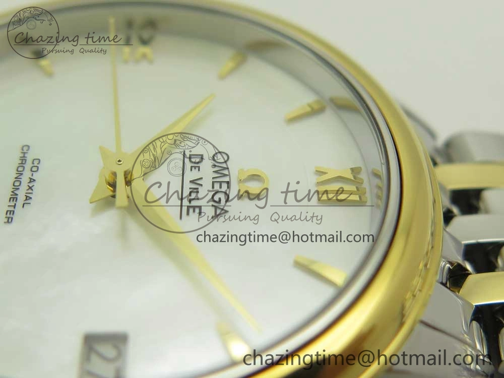 De Ville Prestige Ladies 32.7mm SS MKF 1:1 Best Edition White MOP Dial Diamonds Markers on SS YG Bracelet MIYOTA UrbanStyle 7968