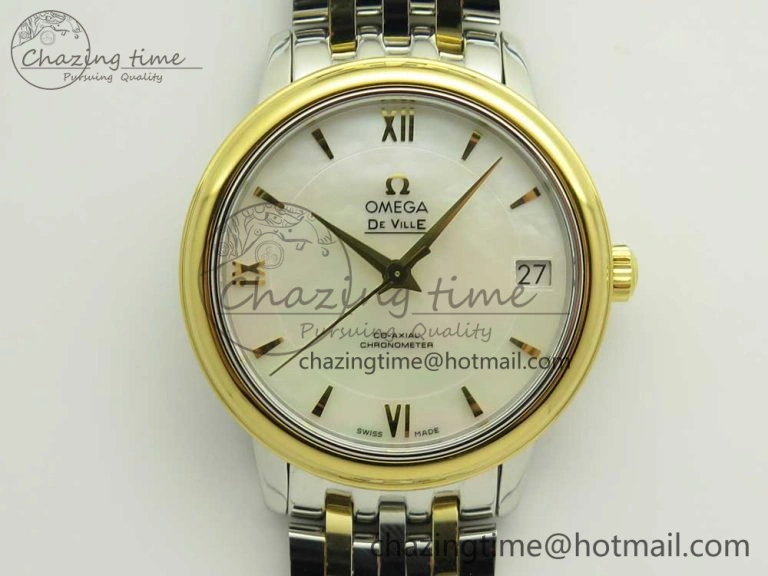 De Ville Prestige Ladies 32.7mm SS MKF 1:1 Best Edition White MOP Dial Diamonds Markers on SS YG Bracelet MIYOTA UrbanStyle 7968