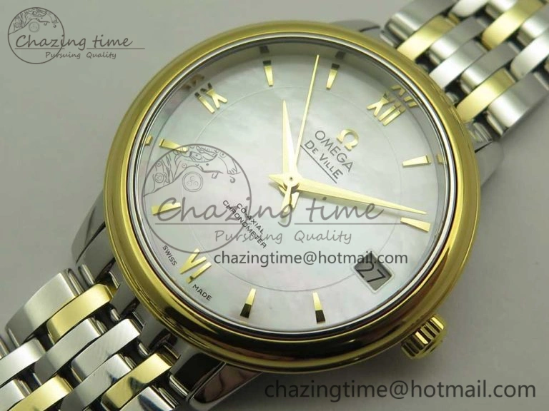 De Ville Prestige Ladies 32.7mm SS MKF 1:1 Best Edition White MOP Dial Diamonds Markers on SS YG Bracelet MIYOTA UrbanStyle 7968