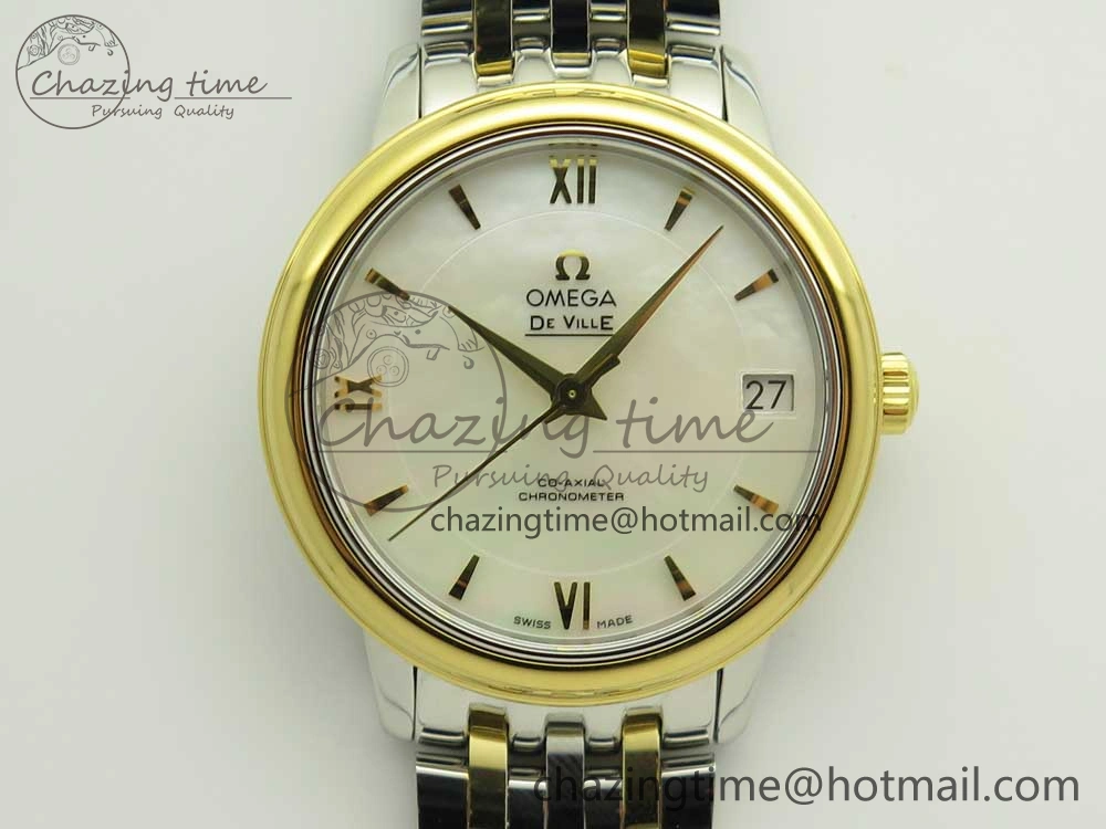 De Ville Prestige Ladies 32.7mm SS MKF 1:1 Best Edition White MOP Dial Diamonds Markers on SS YG Bracelet MIYOTA UrbanStyle 7968