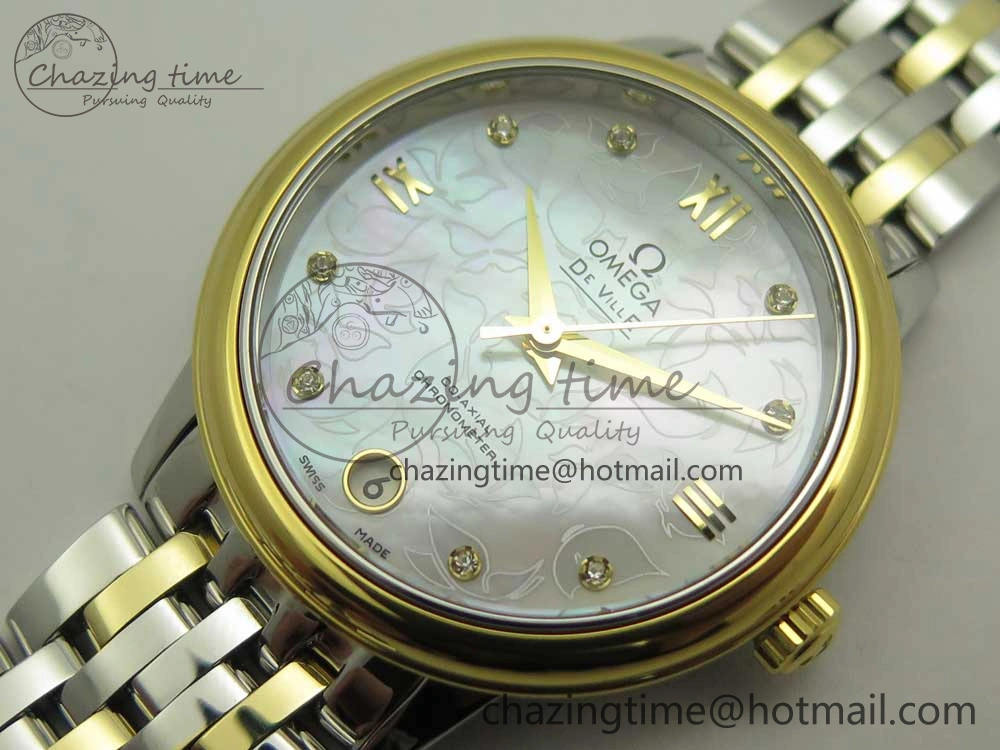 De Ville Prestige Ladies 32.7mm SS MKF 1:1 Best Edition White MOP Dial Roman Markers on SS YG Bracelet MIYOTA Unique 10635