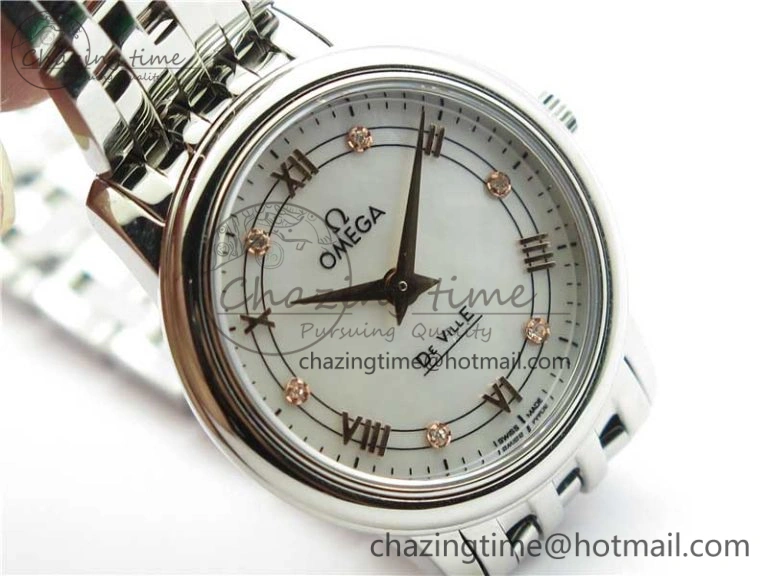 De Ville Prestige Quartz 27.4 mm SS ZF 1:1 Best Edition White Dial RG Markers on SS Bracelet Jap Quartz ComfortFit 7908