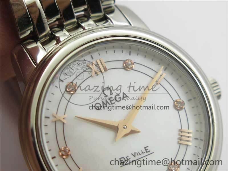 De Ville Prestige Quartz 27.4 mm SS ZF 1:1 Best Edition White Dial RG Markers on SS Bracelet Jap Quartz ComfortFit 7908