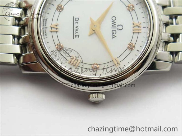 De Ville Prestige Quartz 27.4 mm SS ZF 1:1 Best Edition White Dial RG Markers on SS Bracelet Jap Quartz ComfortFit 7908