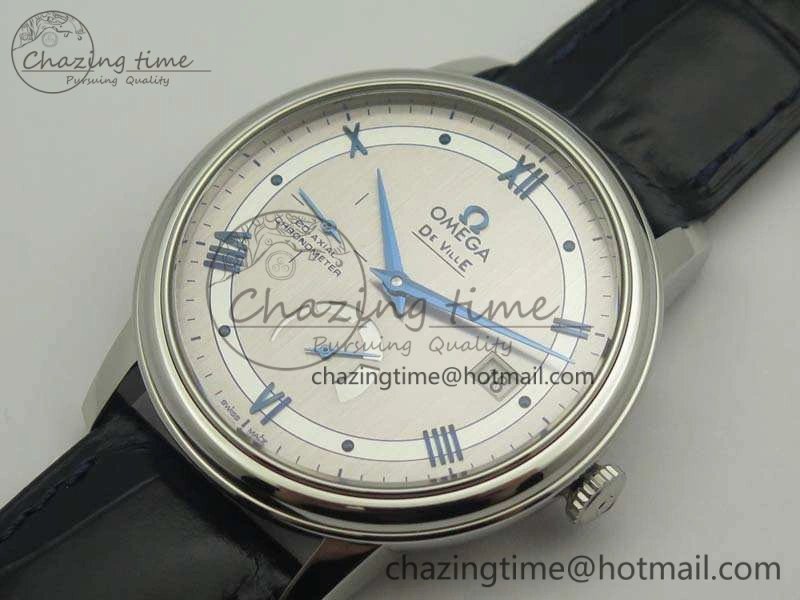 De Ville Prestige Real Power Reserve SS TW 1:1 Best Edition Silver Dial Blue Markers On Leather Strap A Premium 8093
