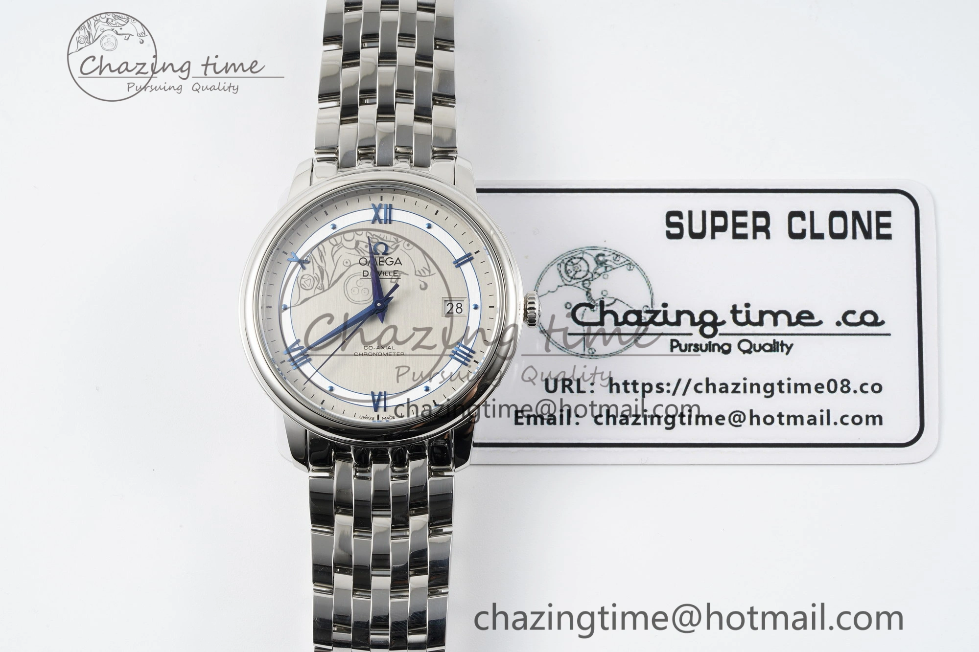 De Ville SS TWF 1:1 Best Edition Gray Dial Blue Markers on SS Bracelet MIYOTA SoftTouch 7843
