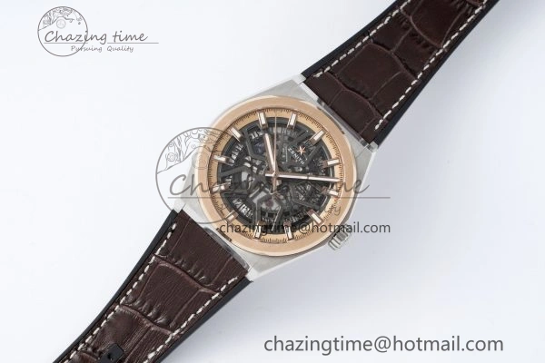 WellDesigned Defy  LF 1:1 Best Edition Skeleton Black Dial RG Bezel on Brown Gummy Strap A 10018